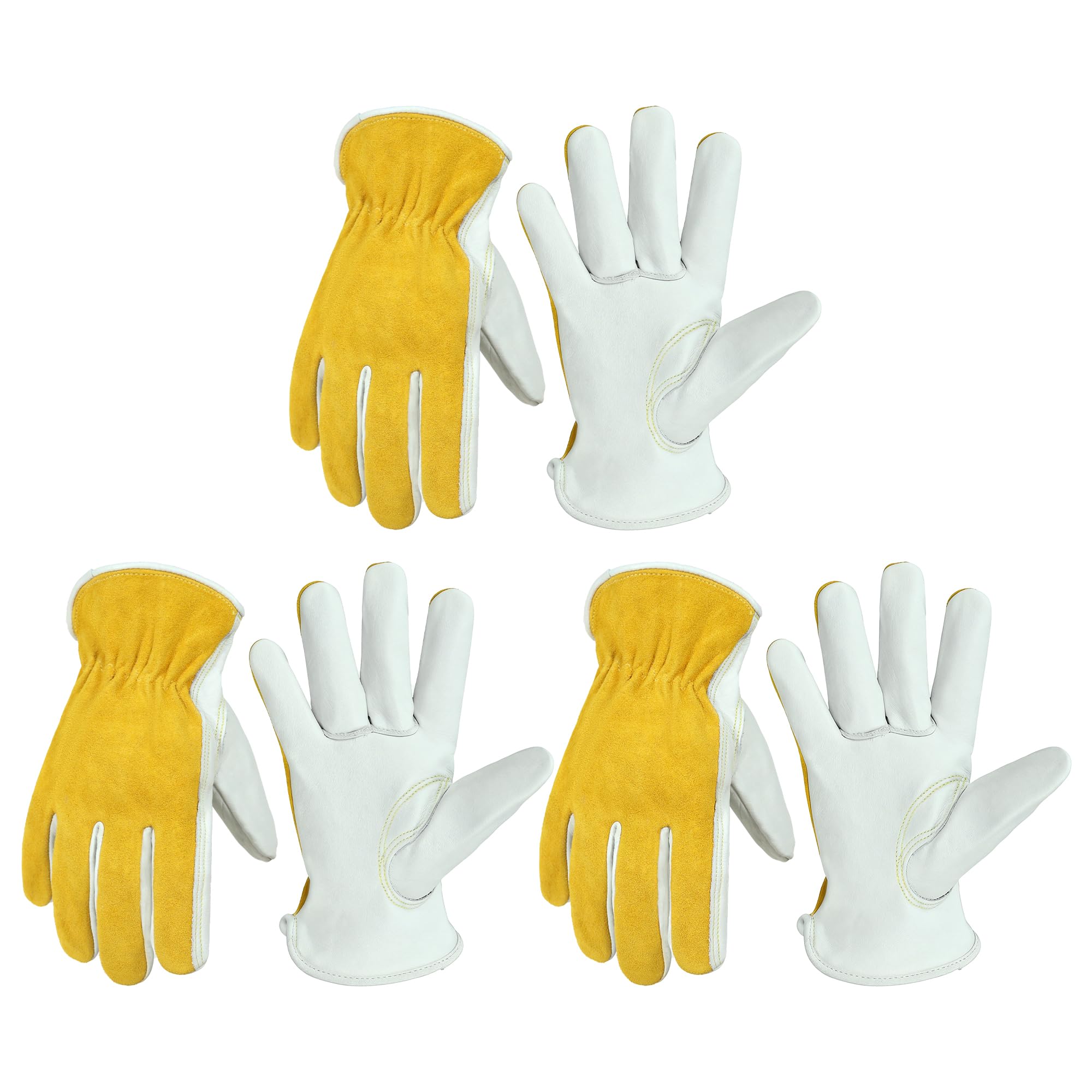 HANDLANDY 3 Pairs Leather Work Gloves for Men & Women, Flex Grip Garden Gloves, Cowhide Working Glove for Wood Cutting, Construction, Gardening, Driving, Yard Work (Beige-Yellow, XL) Image