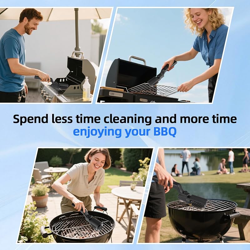Elektrische Grillbürste Akkubetrieben – 180° Verstellbarer Kopf, 3-Stufen-Motor, 90 Min Laufzeit, Wasserdicht, Edelstahl & Nylon Bürstenköpfe für Grillrost, Smoker, Grillplatte (Grau)