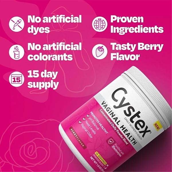 CYSTEX VAGINAL HEALTH POWDER – DAILY ELECTROLYTE-ENHANCED SUPPORT FOR PH BALANCE, YEAST, & ODOR – HYDRATING BERRY FLAVOR – 15 SERVINGS