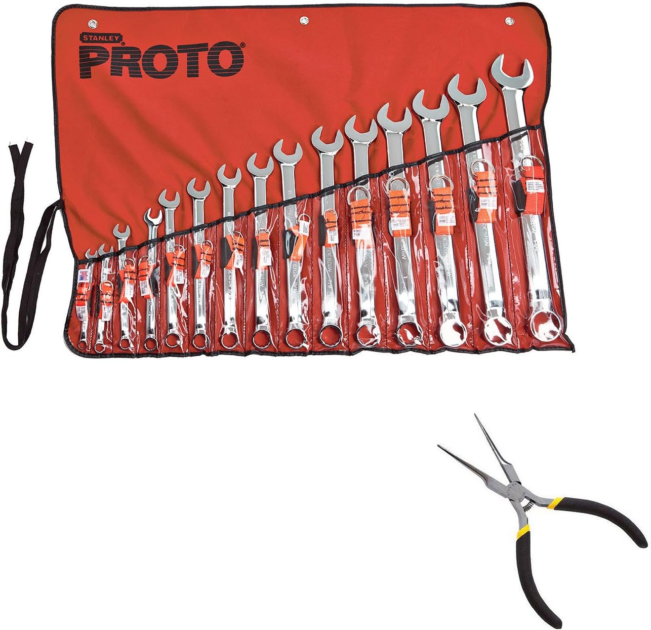 Proto The Needle Nose Plier and The set 15pc J1200FASD-TT 12-Point Satin Tether Ready Combination Wrench Set
