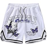 VIPWOLF Men's Y2K Graphic Basketball Shorts Striped Trim Drawstring Waist Workout Drippy Shorts