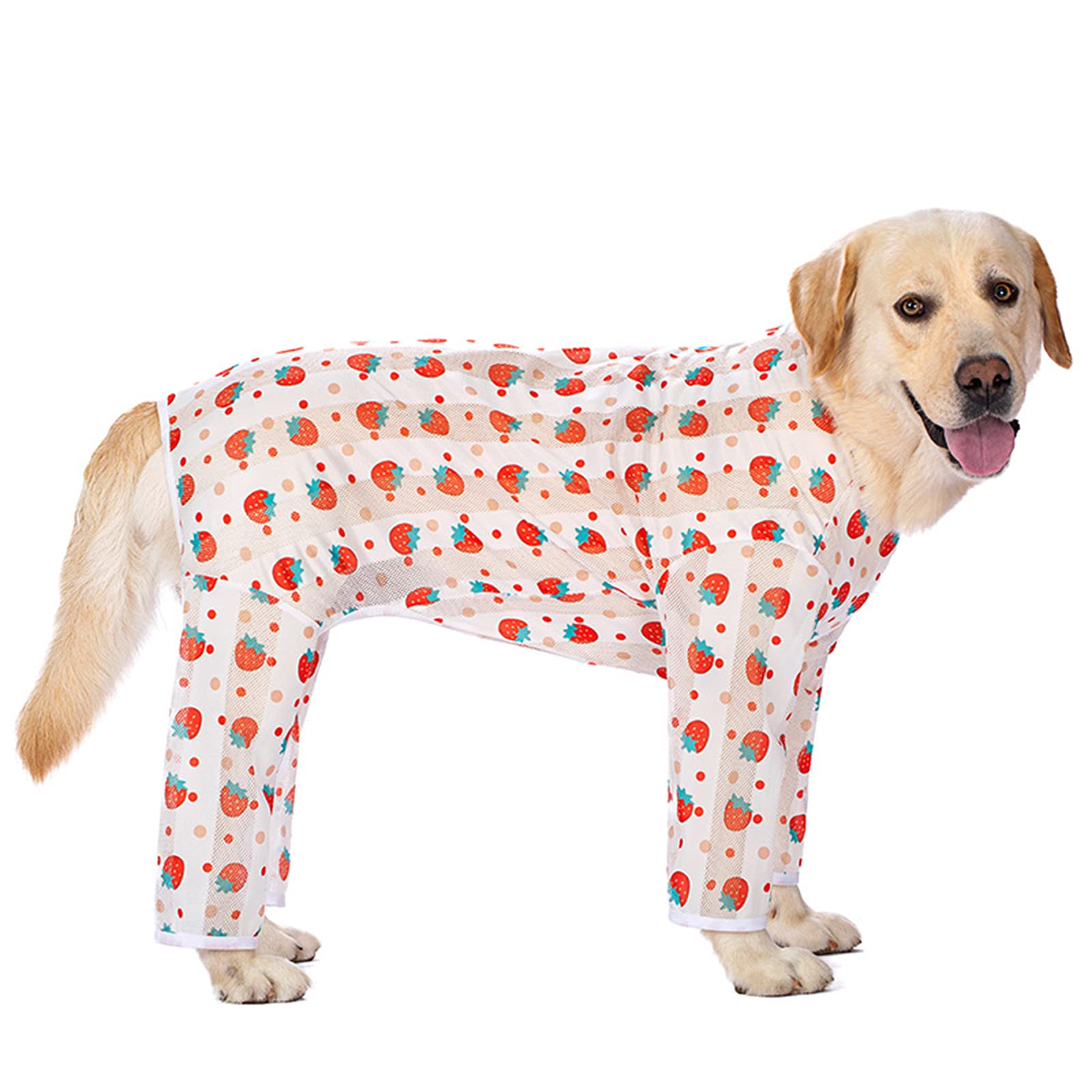 Dog Cooling Clothes, Breathable Mesh Pajamas for Dogs, Sunscreen Four-Legged Jumpsuit Costumes for Medium and Large Dogs Indoor Outdoor (4XL, Red Strawberry)