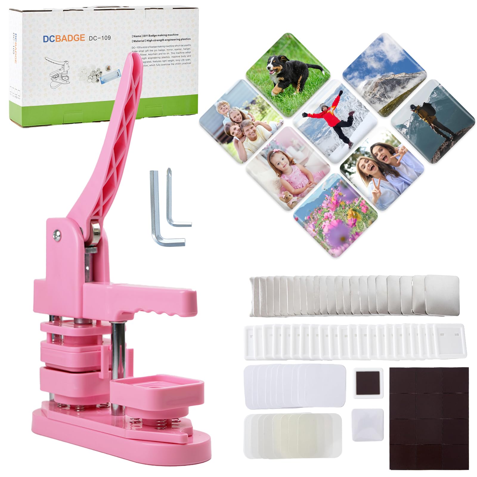 Photo 1 of Photo Magnet Making Machine, Button Press Machine for 2 Inches / 50mm Square Fridge Magnetic Stickers, 100 Sets of Button Maker Supplies, Badge Maker Kit for Home School DIY Crafts, Business (Pink)