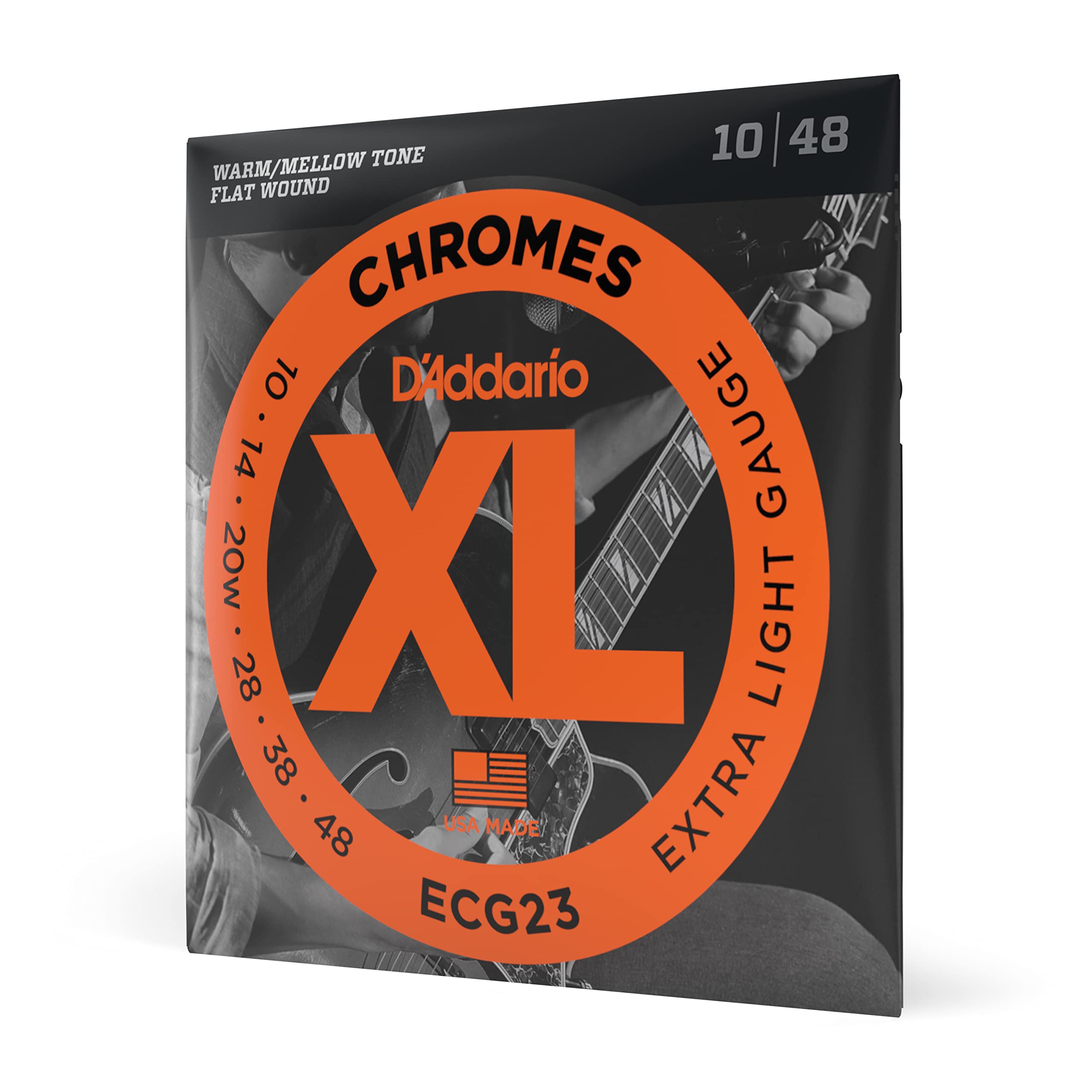 D'Addario Guitar Strings - XL Chromes Electric Guitar Strings - Flat Wound - Polished for Ultra-Smooth Feel and Warm, Mellow Tone - ECG23 - Extra Light, 10-48, 1-Pack