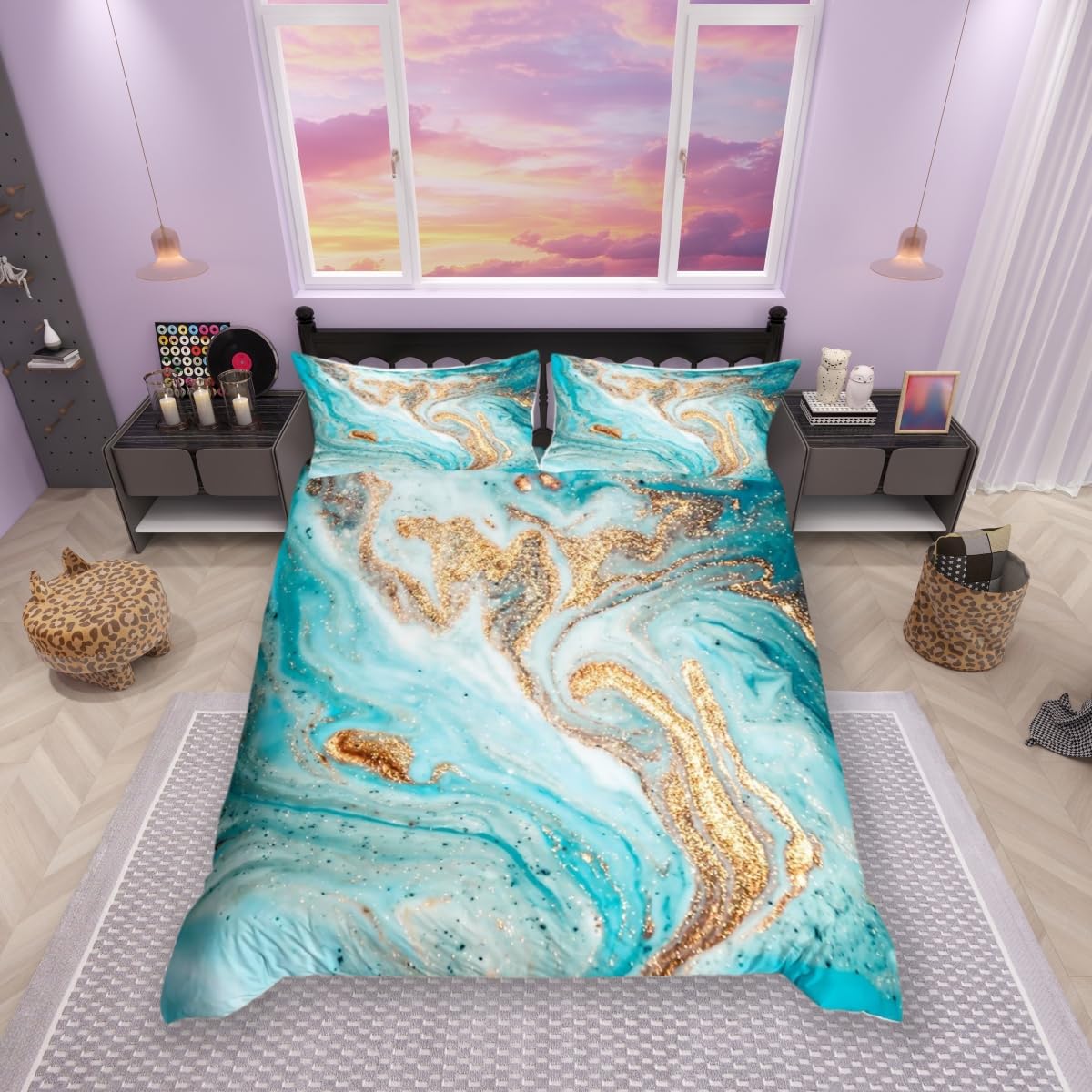 feelingyou Marbling Duvet Cover Set Single Mint Gold Glitter Turquoise Comforter Cover Chic Girly Marble Bedding Set 2pcs for Kids Girls Room Decor, Abstract Stone Texture Bedspread with 1 Pillowcase
