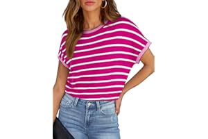 SHEWIN Women's Sweater Vest Casual Crew Neck Cap Short Sleeve Striped Knit Lightweight Pullover Sweaters T Shirt Tops