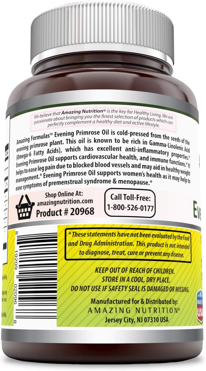 Amazing Formulas Evening Primrose Oil 1300 Mg 120 Softgels - High Potency- Made with 10% Gamma Linoleic from Non-GMO Hexane Free Cold Pressed Oil: Health & Personal Care