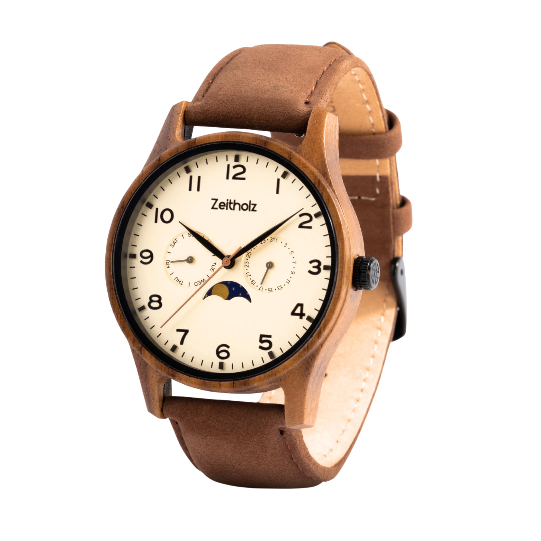 Zeitholz Wood Watches for Men, Wooden Watch, Gifts, Analog Watch, Moon Phase Calendar. New Klitten Collection 42mm with Japanese Quartz Movement. (Beige)