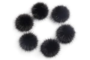 LFOUVRE Pack of 6 Faux Fox Fur Pompoms 3.9inch/10CM Furry Pom Pom Ball with Elastic Loop Knitting Crafts Hat Charm Accessories Black
