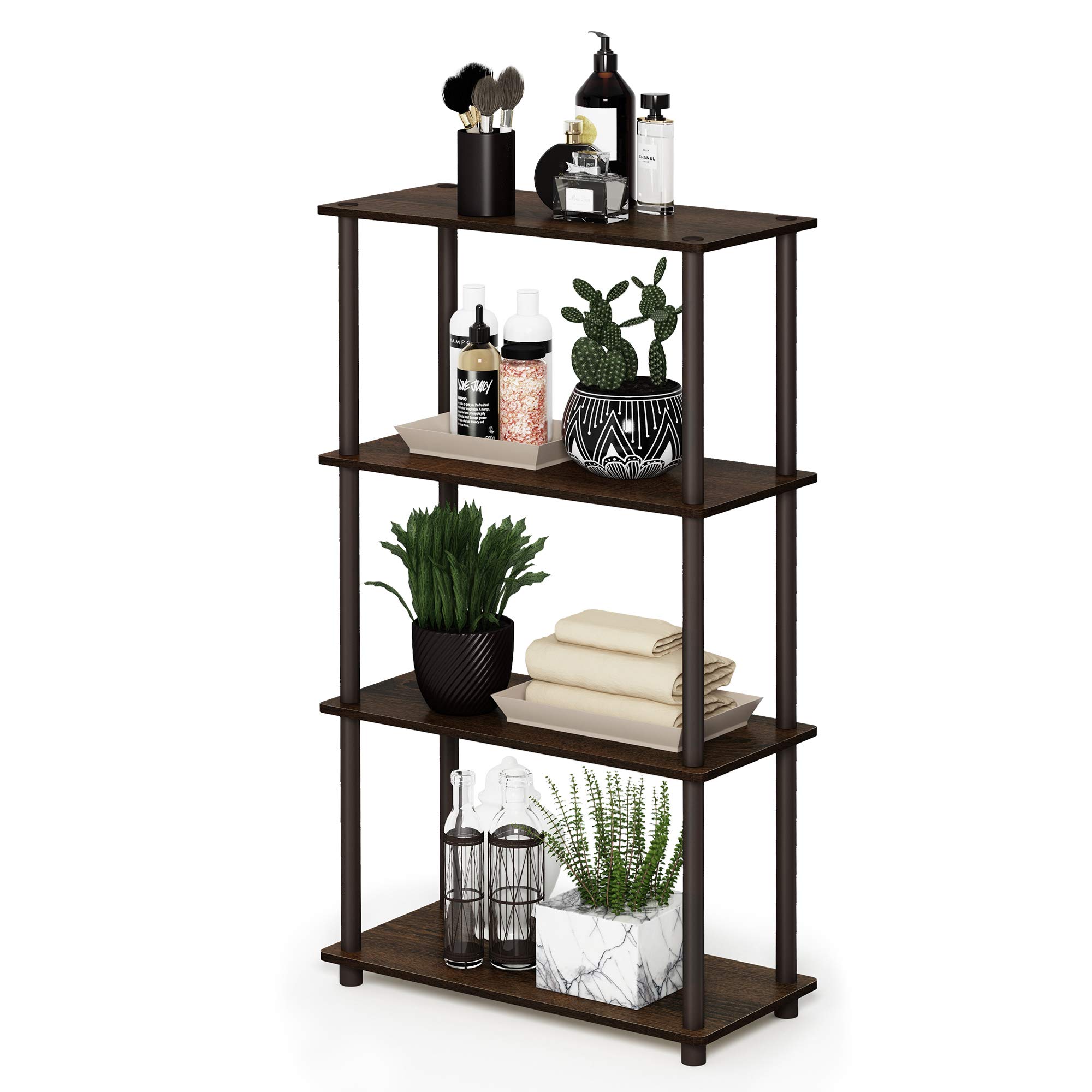 Furinno TURN-N-TUBE Storage Shelves, 4-Tier Toolless Book Shelf, Corner Shelf, Toolless Open Shelves, for Organization and Storage, Living Room, Garage, Home Office, Walnut