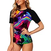 AOBUTE Women Short Sleeve Rash Guard Gradient Sun Protection Swim Shirts