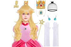 JoneTing 9Pcs Blonde Princess Wig for Cosplay【+Wig Cap +Princess Accessories Set】 Blonde Peach Wig Princess Costume Wig Synthetic Hair for Halloween Cosplay Party