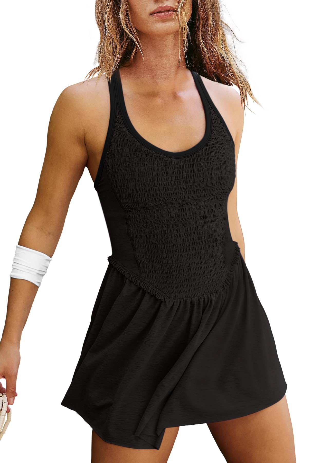 Photo 1 of LAMISSCHE Womens Tennis Dress with Built in Shorts and Bra One Piece Workout Smocked Mini Dress A Line Yoga Golf Dress(Black,M)