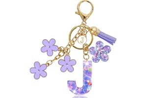 Jusen Resin Alphabet Initial Letter Keychain Tassel Flower Pendant Key Ring for Purse Handbag Car Keys