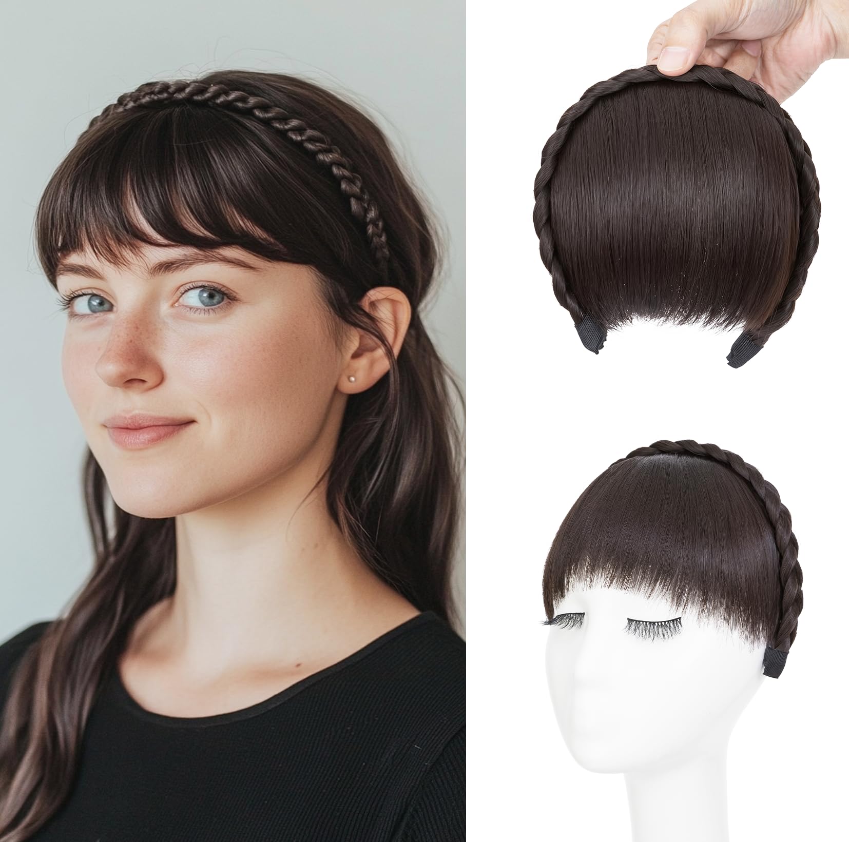 S-noilite Headband with Bangs, Front Hair Bangs Wigs Headband, Synthetic Braided Headband Wig with Bangs Fringe Hair Extensions Hairpiece for Women Girls - Medium Brown — image 1