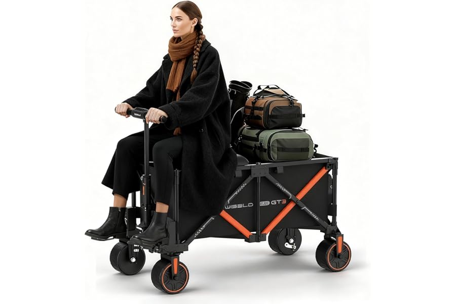 WISELD GT3 Electric Wagon Cart with Seat, Dymanic Load 551LBS/Static 771LBS All Terrain Wagon, Reverse Function, Precision Steering, 2 Modes for Shopping, Sports, Garden, Camping