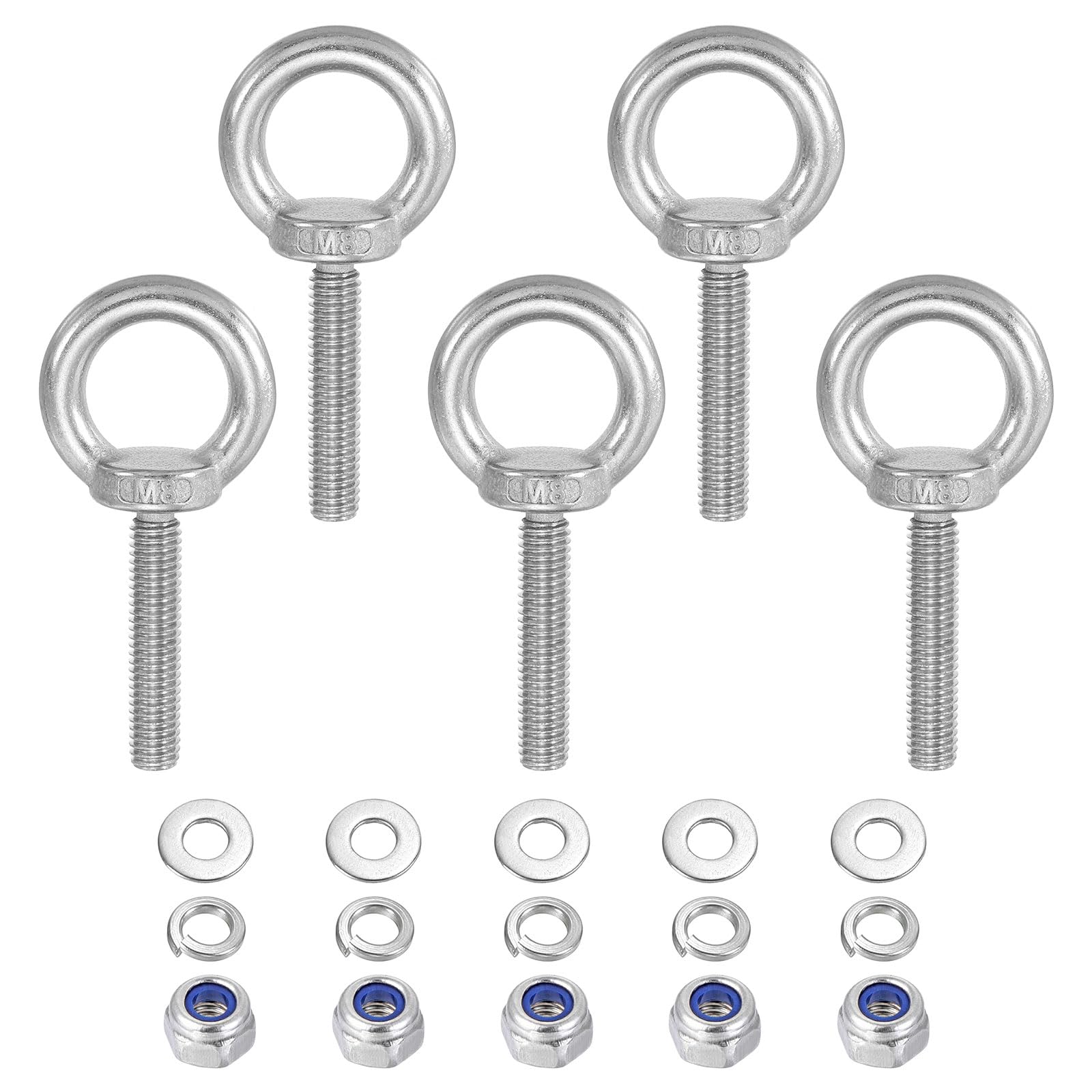 PATIKIL M8 x 50mm Lifting Shoulder Eye Bolt, 5Pcs 304 Stainless Steel Lifting Ring Threaded Eyebolt with Nuts Washers for Hanging Hammocks Articles
