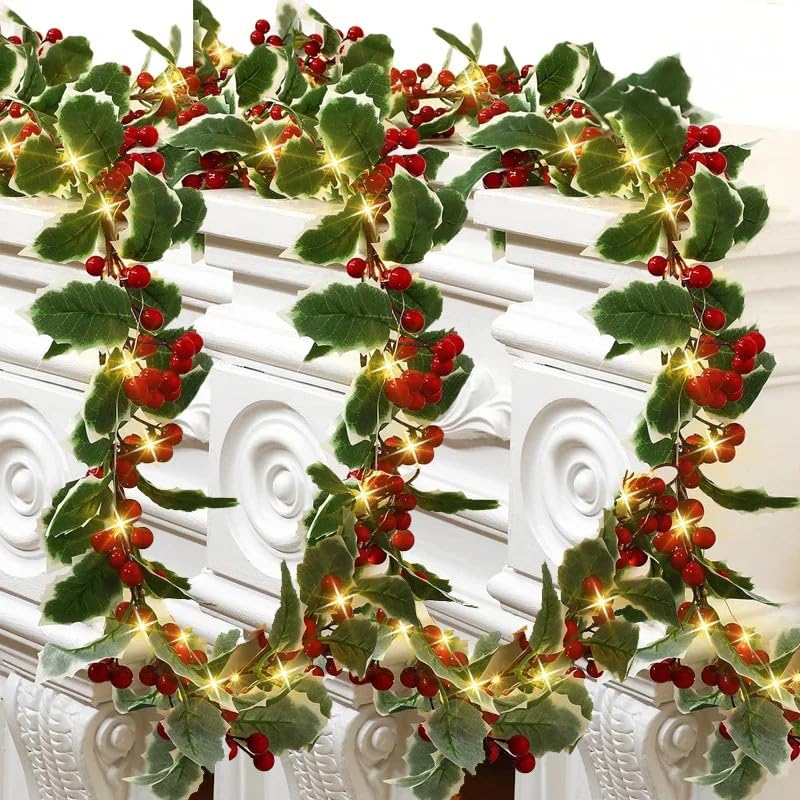 Photo 1 of 2M Artificial Plants Christmas Holly Berry Vines Fake Green Leaves Hanging Garlands with for DIY Home Party Christmas Decor,Green