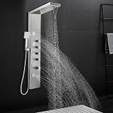 ROVATE 4-in-1 Rainfall Waterfall Shower Panel Tower System, Brushed Finish | Shower Column with Body Massage Jets and Handheld, Stainless Steel High Pressure, Use Multiple Functions Simultaneously