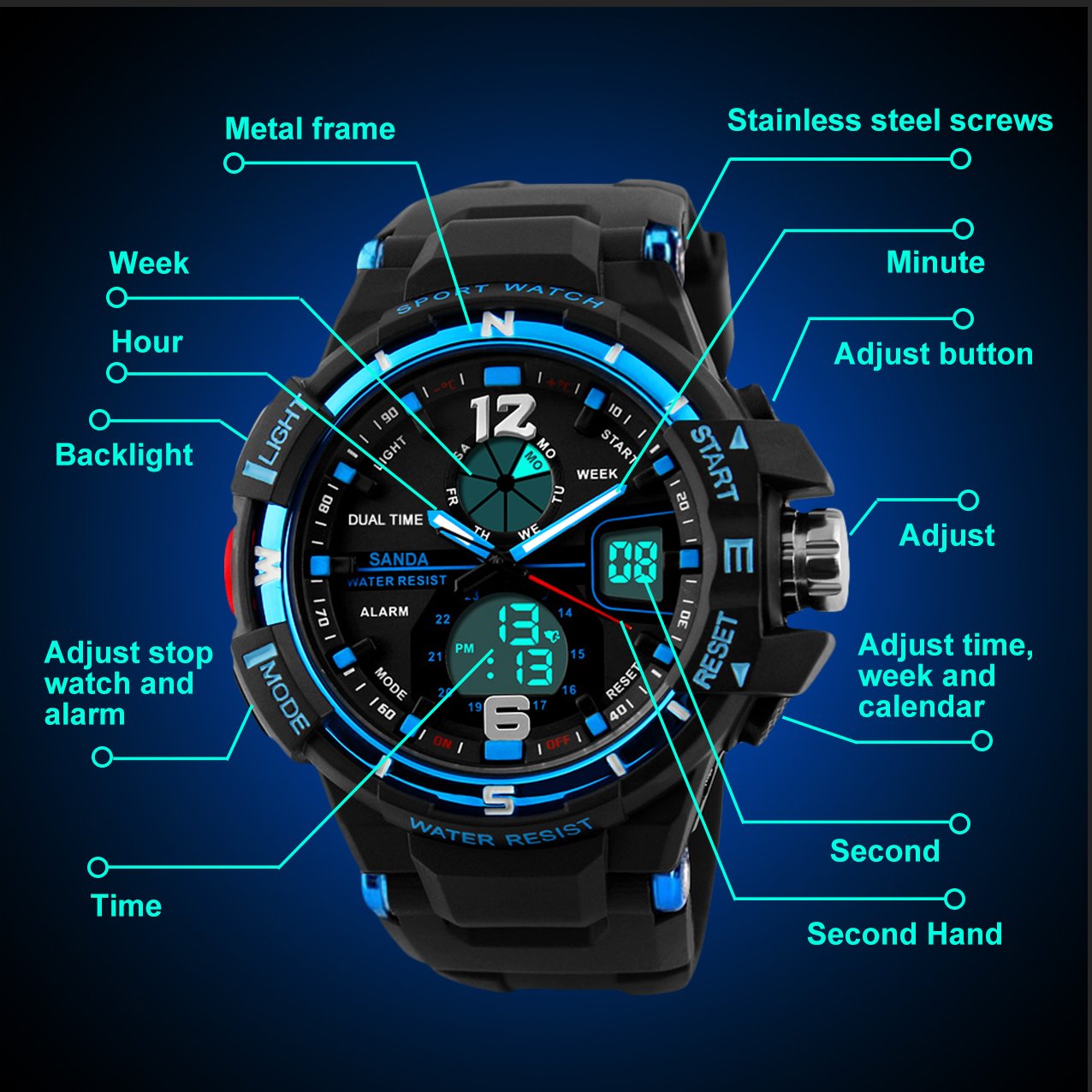 Kids Digital Sport Watch for Boys, Childrens Outdoor Sports Waterproof Military Analog Watches with Alarm