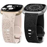Minyee 2 Packs Floral Engraved Band Compatible with Fitbit Versa 4/Versa 3/Sense 2/Sense Band Women, Cute Silicone Dandelion Sunflower Design Soft Sport Fancy Summer Strap for Versa 4
