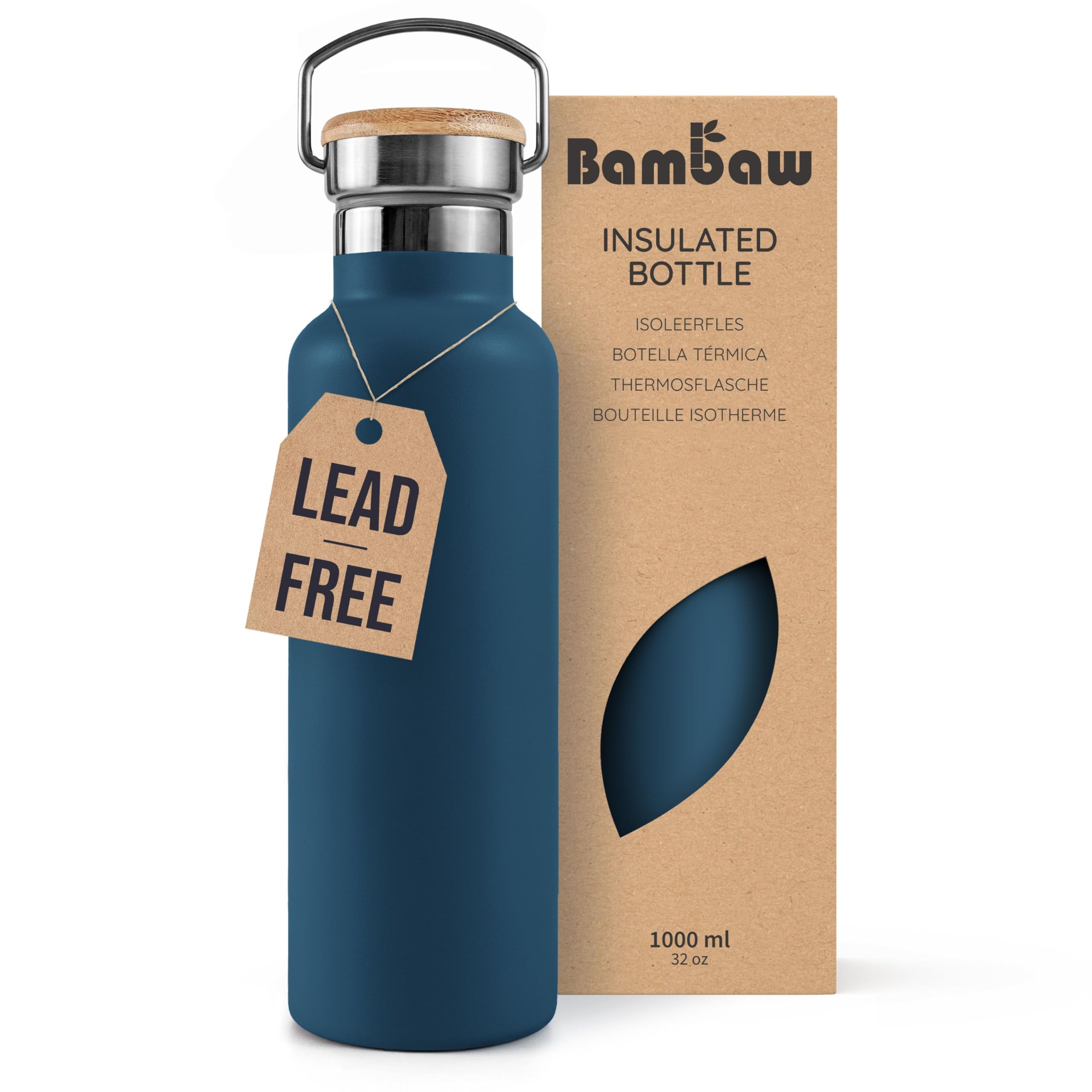 Bambaw Insulated Stainless Steel Water Bottle 1l, Double-Walled Metal Water Bottle 1l with Handle, Durable & Lightweight, Easy to Carry for School, Gym or Sport (Aegean Blue)