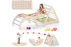KIDSBUDDY 13 in 1 Pikler Triangle Set with Cushion Montessori Climbing Toys for Toddlers Inside Toddler Climbing Toys Indoor Wooden Climbing gym Pikler Set with Bean Bags, Maze, Shape Sorter, Car Toys