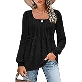 Zwurew Women's Puff Long Sleeve Shirts 2024 Trendy Scoop Neck Loose Fit Blouses Pleated Flowy Tunic Tops S-2XL