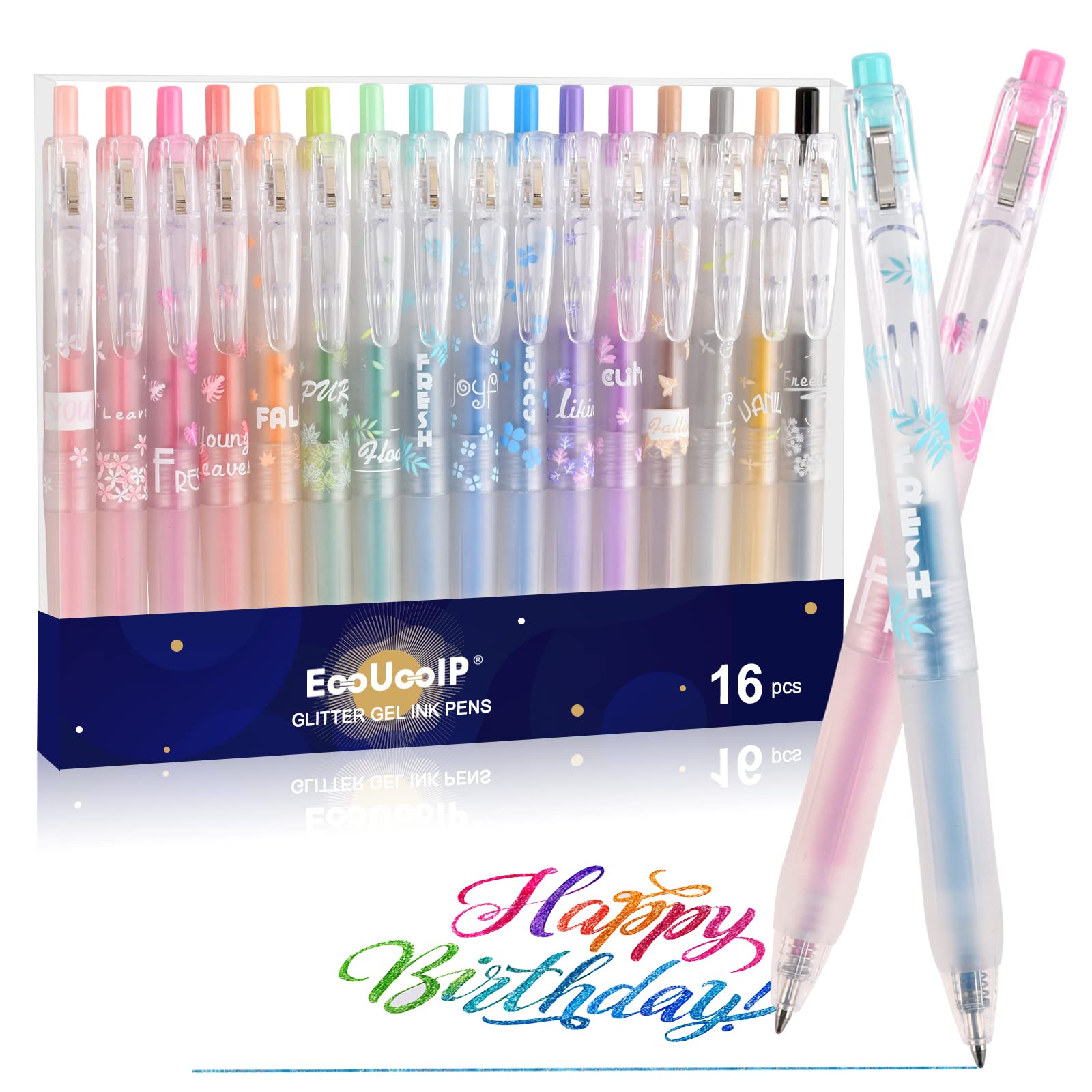 EooUooIP Glitter Gel Pens,Coloured Gel Pen,Metallic Gel Pens with 16 Pieces Gel Ink Rollerball Pens,Quick-Drying Ink for Kids and Adult Colouring Books Doodling Drawing