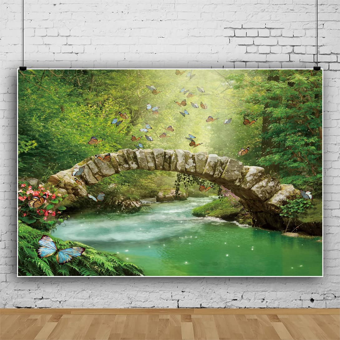 Bovlleetd 9x6ft Natural Scene Photography Background Stone Arch Bridge Green Stream Flash Water Backdrop Green Forest Colored Butterfly Background for Studio Photography Props
