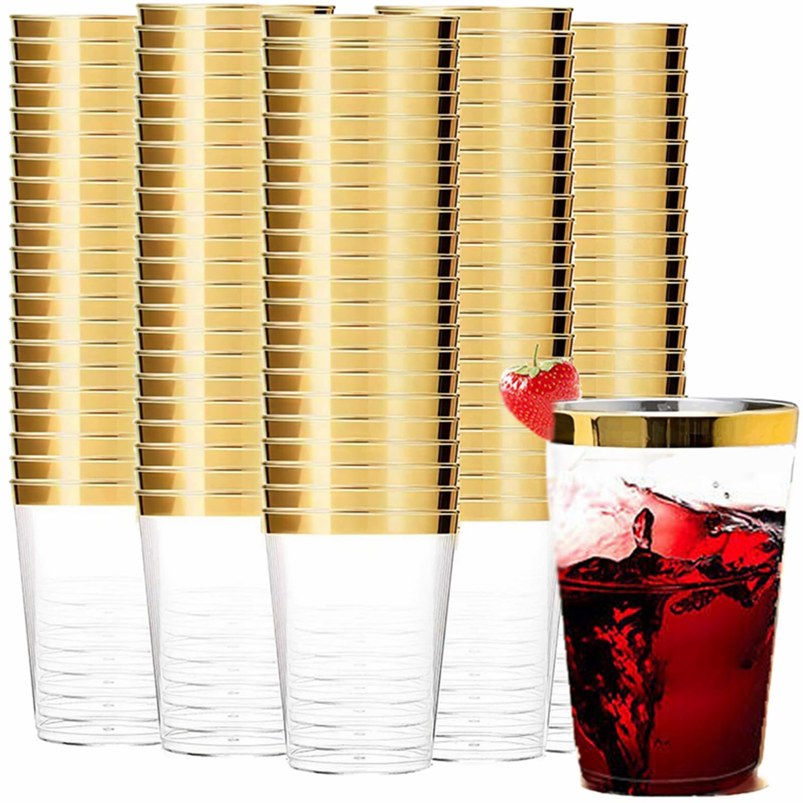 Tebery 100 Pack Gold Plastic Cups Tumblers, 10oz Clear Reusable Wedding Cups Elegant Party Cup with Gold Rim