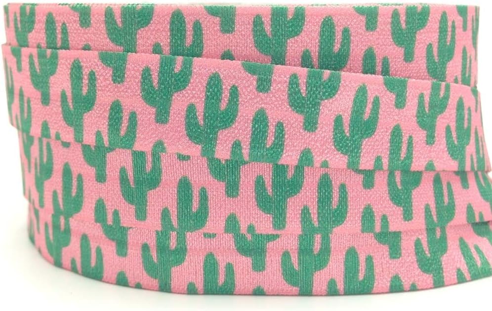 Lavenz 10Yards/lot Green Cactus Print Fold Over Elastic 5/8" Pink FOE Ribbon Webbing for DIY Headwear Hair Tie Hair Accessories