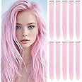TOFAFA 22 Inch Colored Hair Extensions, Multi-colors Party Highlights Clip in Synthetic Hair Extensions for Girls Women Kids Favor Gift(10 PCS Light Pink)