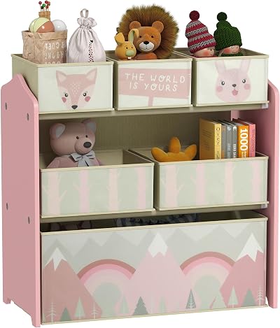 ZONEKIZ Kids Storage Unit with 6 Fabric Bins Pink 63 x 30 x 66 cm