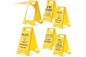 4 Pcs Funny Caution Desk Sign Phone Holder Mini Yellow Overstimulated Warning Table Signs with Mirror Humor Multi-Functional 