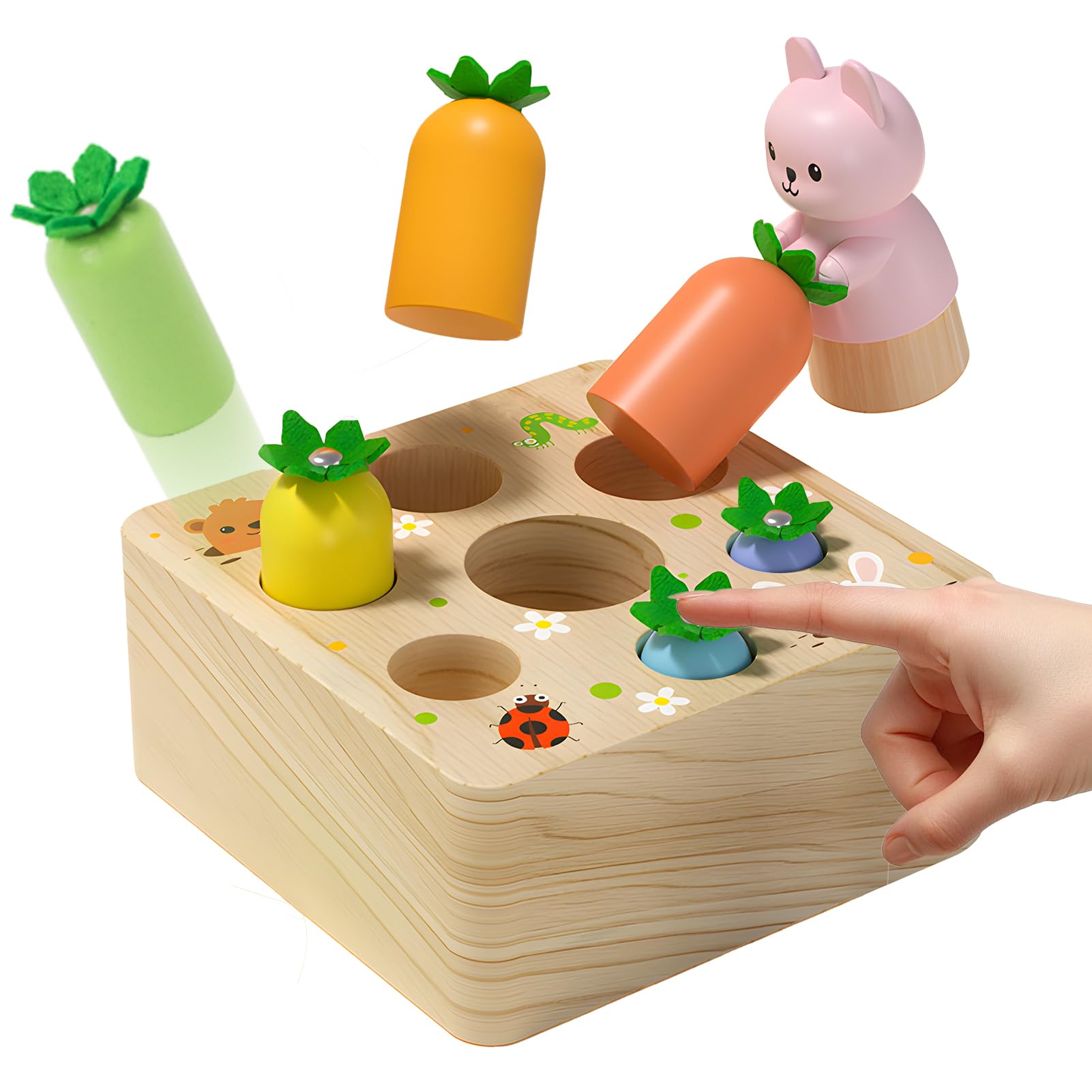 XIAPIA Montessori Toys for 1 2 3 Year Old Toddlers, Carrot Harvest Game Magnetic Wooden Pop Up Toys for 12 Months Baby Boys Girls, Educational Learning Shape Sorting Matching Birthday Easter Gifts