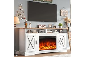 AMERLIFE 63" Farmhouse TV Stand with 26" Fireplace, for TVs up to 73", Media Entertainment Center with Adjustable Shelf & Barn Doors, Rustic TV Console Cabinet for Living Room, Rustic Oak & White