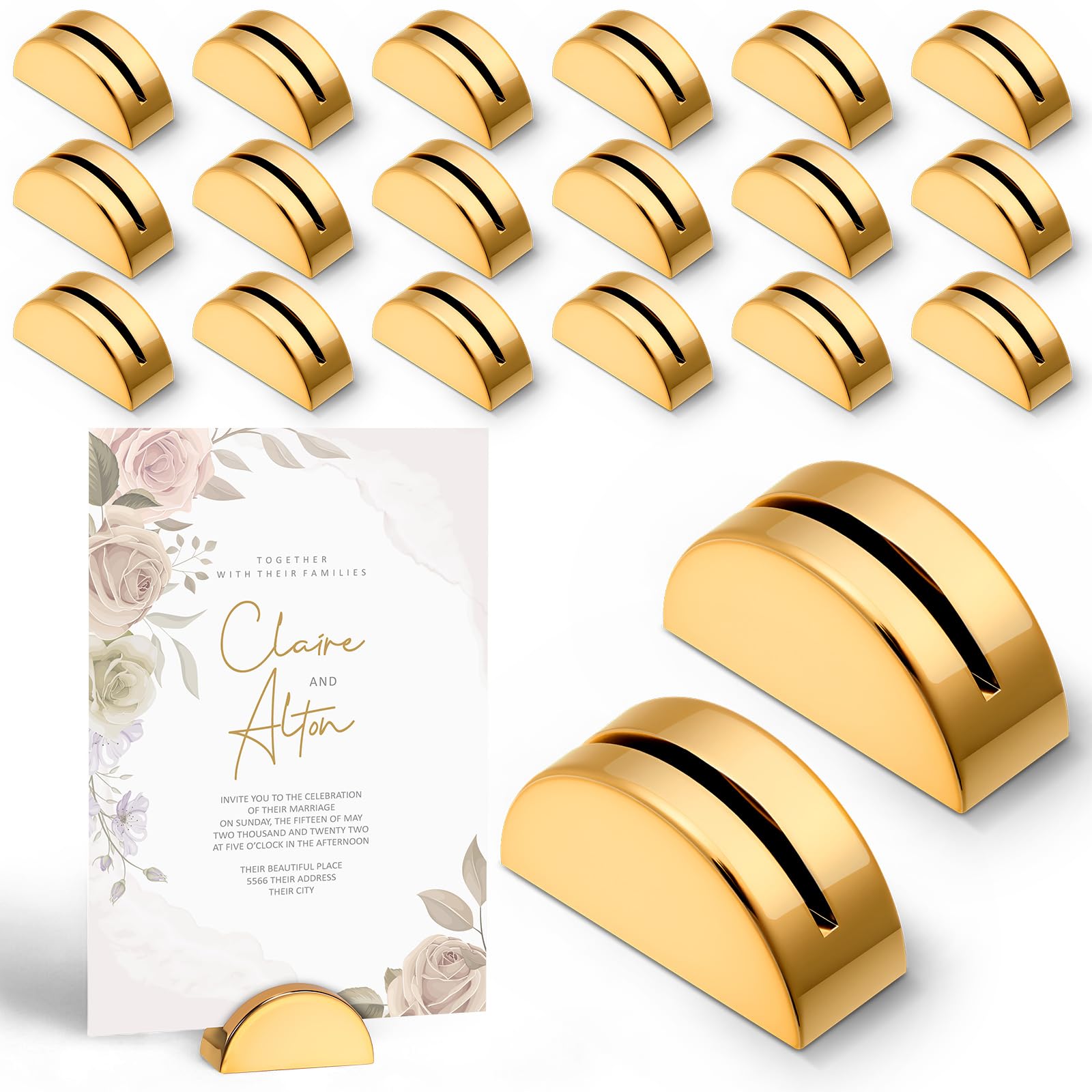 Photo 1 of Vicenpal 20 Pcs Gold Table Number Holders Wedding Acrylic Card Place Holders with Card Slot Table Sign Display Stands for Photo Menu Office Meeting Restaurant Wedding Party Events (Semicircular)