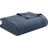 Madison Park 100% Egyptian Cotton Lightweight Summer Blanket, Breathable Waffle Knit Design, Soft Cozy All-Season Throw for Bed, Couch or Sofa, Blue Full/Queen Size (90"x90")