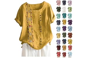 Lainuyoah Baggy Linen Button Up Shirts For Women Retro Embroidery/Printed Tees Cotton Linen Short Sleeve Summer Loose Blouse