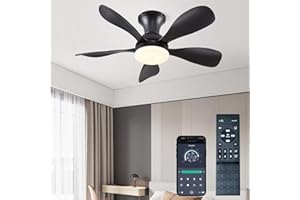 FUMLTP 33In Black Low Profile Ceiling Fans with Lights and Remote/APP Control, Modern Flush Mount Ceiling Fan with 5 Reversible Blades for Outdoor Patio,Small Room,Bedroom…