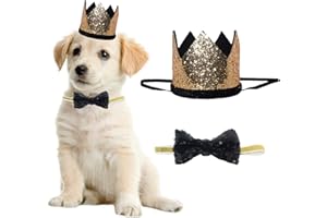 Perktail Cute Pet Birthday Crown Hat and Bow tie Collar Set for Dog Cat Birthday Party Supplies (Gold)