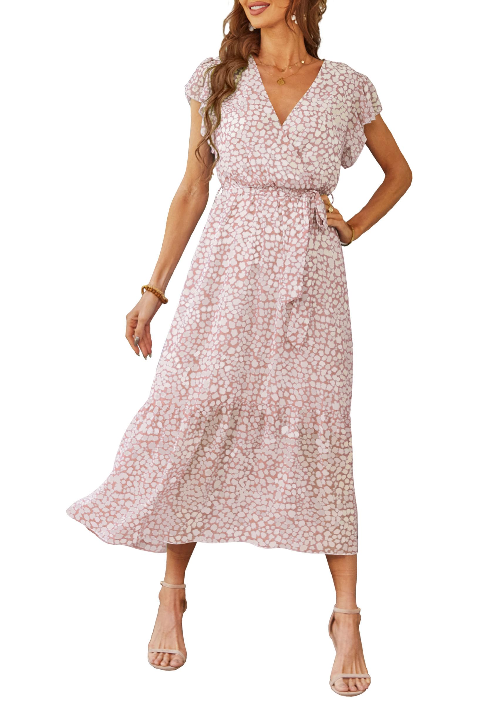 Photo 1 of PRETTYGARDEN Women's Summer Floral Boho Dress Wrap V Neck Short Sleeve Ruffle A-Line Flowy Maxi Wedding Guest Dresses (Pink,X-Large)