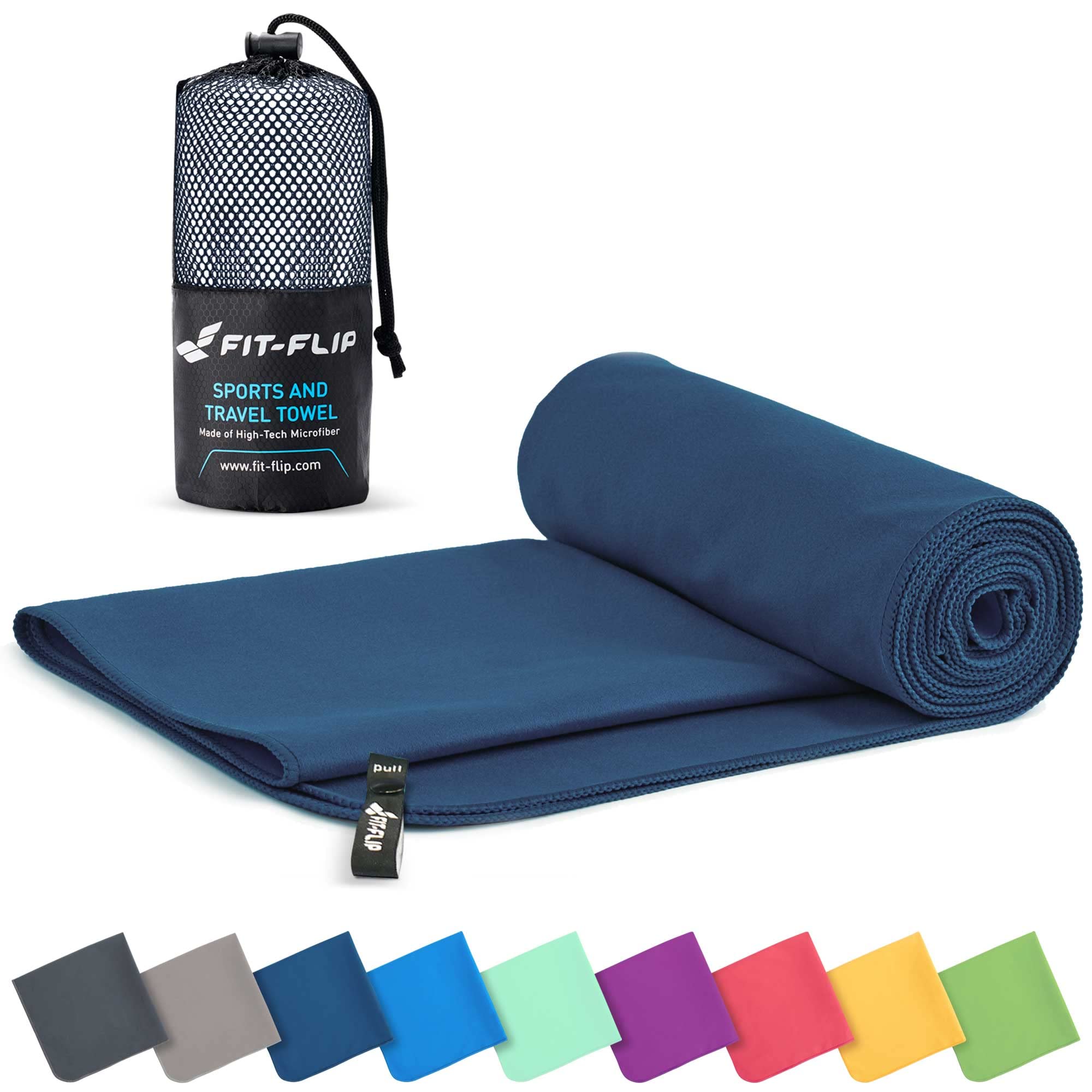 Fit-Flip Microfibre towel - compact, ultra lightweight & quick dry - perfect for gym, travel & beach - swimming towels for sports, camping & hiking (70x140cm deepblue + bag)