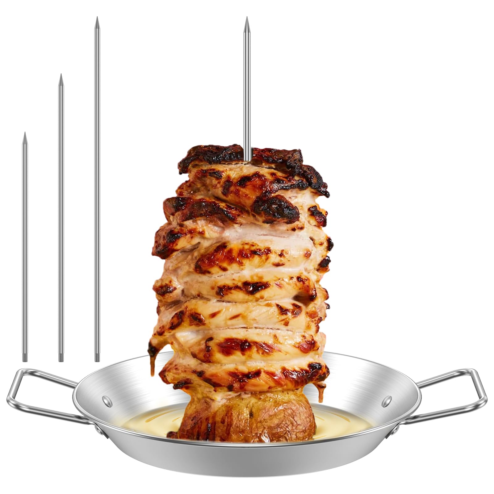 Stainless Steel Vertical Skewer Grill Rack Stand with 8/10/12 Inch Removable Spikes for Whole Chicken, Fish, Sausage, Steak
