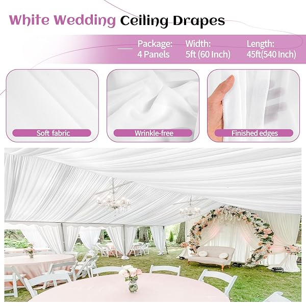 SHOWGEOUS 4 PANELS WHITE CEILING DRAPES FOR WEDDING CEILING DRAPES 5FTX45FT WEDDING ARCH DRAPING FABRIC SHEER CURTAINS VOILE CHIFFON DRAPERY DRAPING DECORATIONS FOR PARTY CEREMONY STAGE