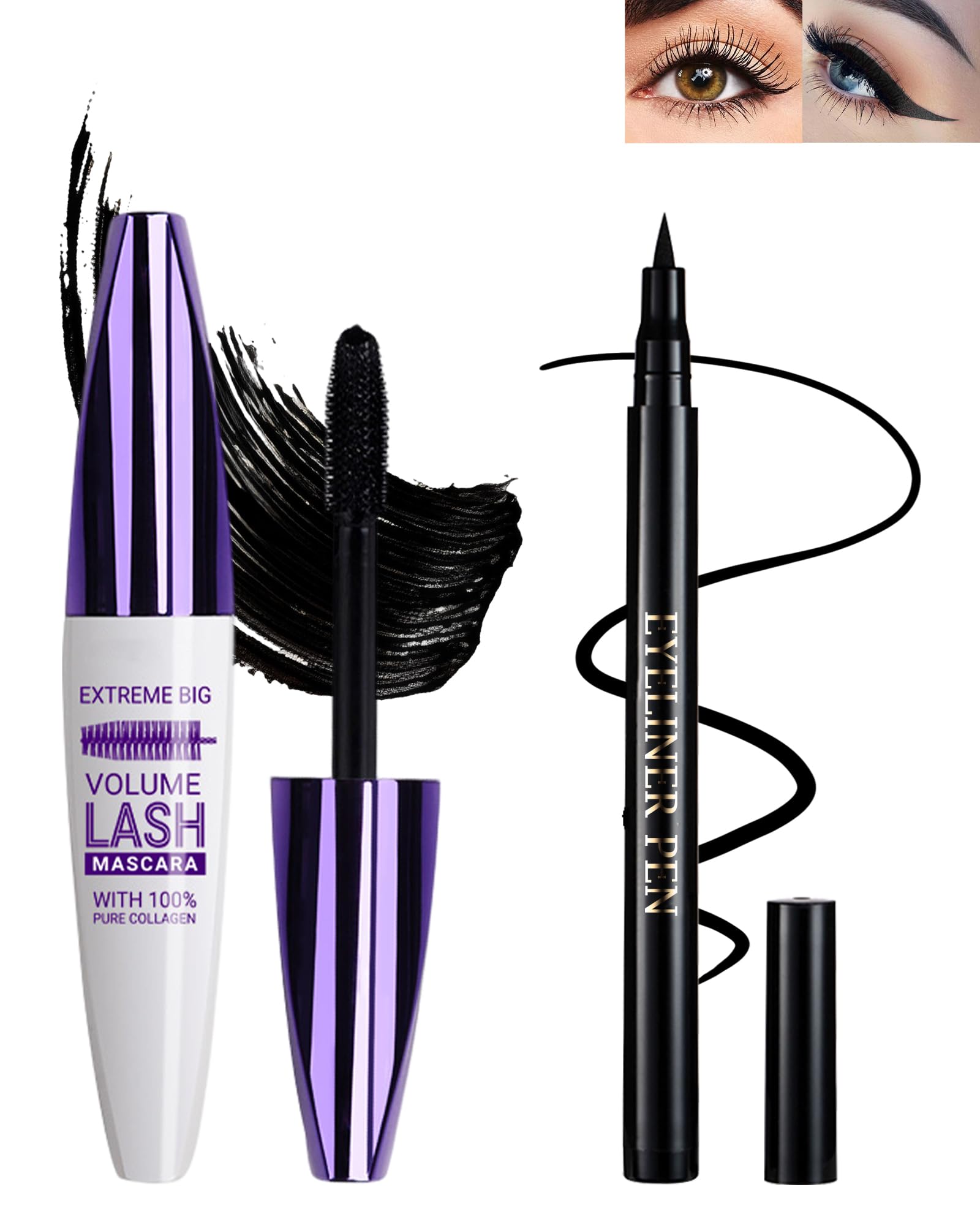 Black Waterproof Mascara & Eyeliner Set, 5D Silk Fiber Liquid Lash Extensions Colored Tubing Mascaras Volume and Length, Long Lasting, Smudge-Proof Curling Non-Clumping Mascara & Eyeliner for Women