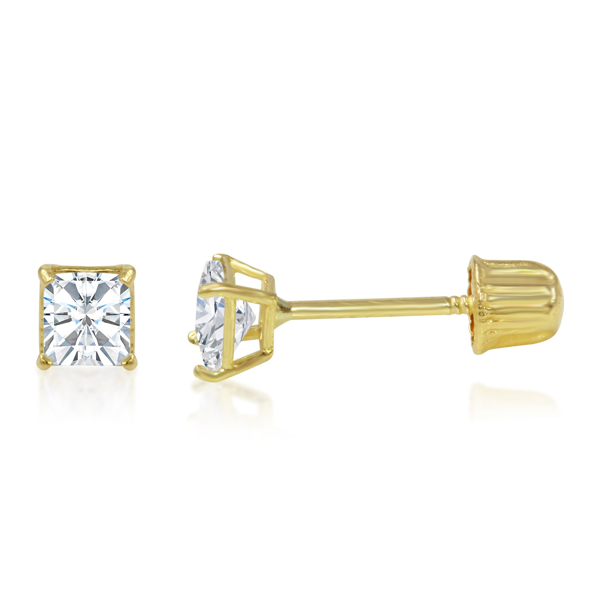 Ioka - 14K Yellow Gold Square Solitaire Princess Cut Cubic Zirconia CZ Stud Screw Back Earrings - 0.1ct (2mm)