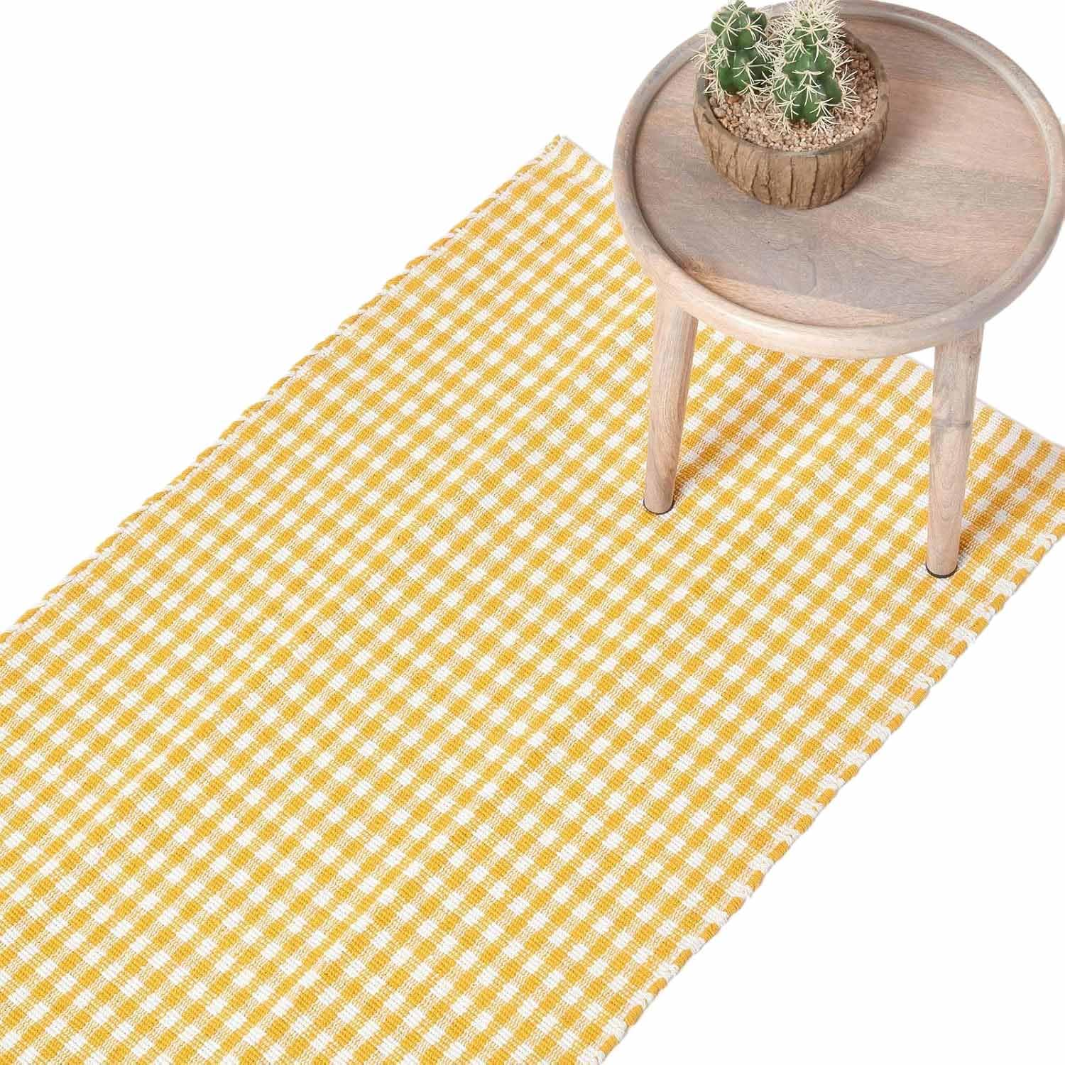 HOMESCAPES 100% Cotton Checkered Gingham Runner Handwoven Yellow White 66 x 200 cm Check Hall Runner for Living Room Bedroom and Hallway โ image 1