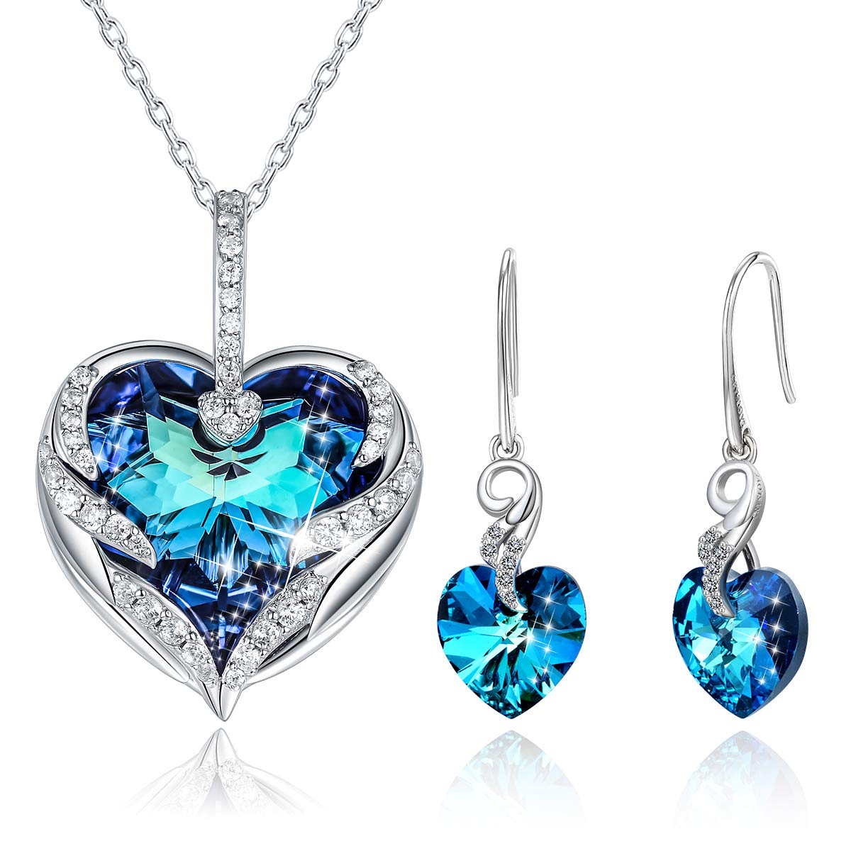 CRYSLOVE Jewellery Sets for Women Angel Wings Crystal Heart Pendant Necklace and Earrings Sets Jewelry Birthday Gifts for/Mum/Wife/Girlfriend